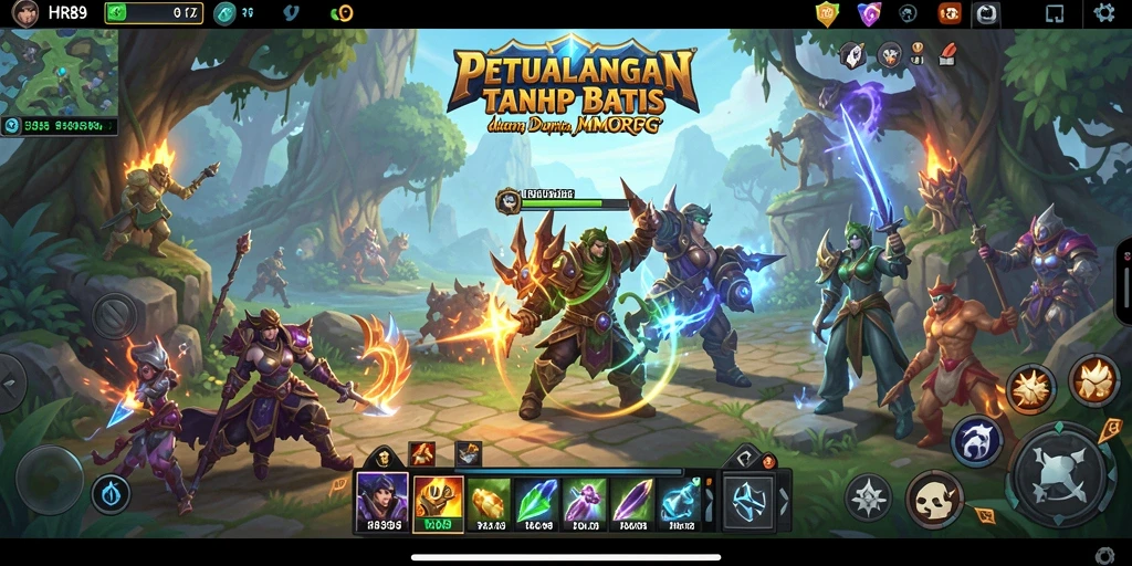 Screenshot gameplay HR89 menampilkan pertarungan epik di dunia MMORPG.