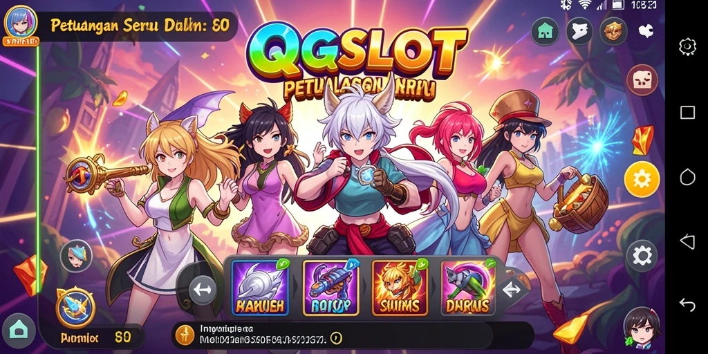 Screenshot dari gameplay QQSLOT dengan karakter anime yang menarik.