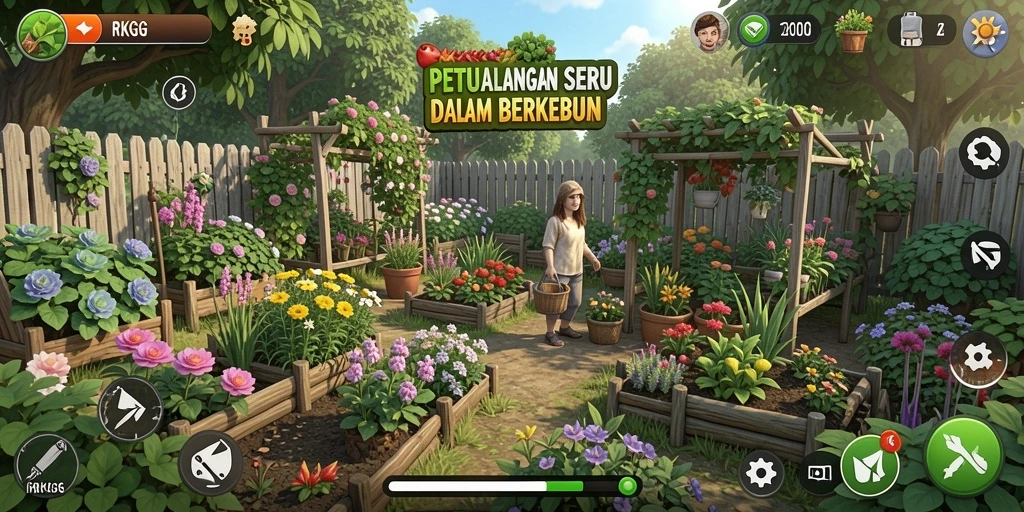 Screenshot gameplay RKGG yang menampilkan ladang subur dan aktivitas berkebun.