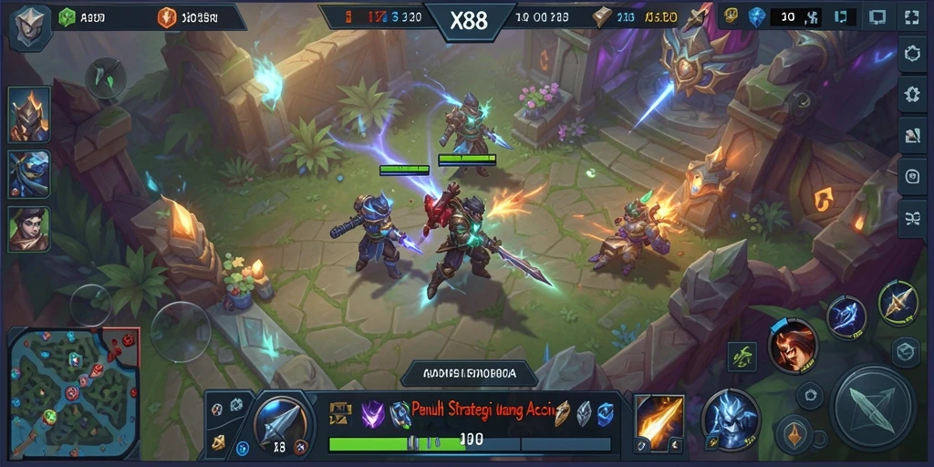 Gameplay seru X88 dengan pertempuran MOBA yang mendebarkan.